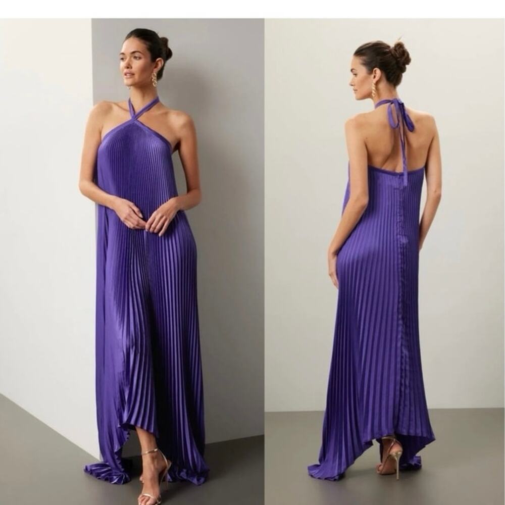 L'IDEE Deesse Purple Pleated Halter Neck Open Back Flowy Gown Size US 4